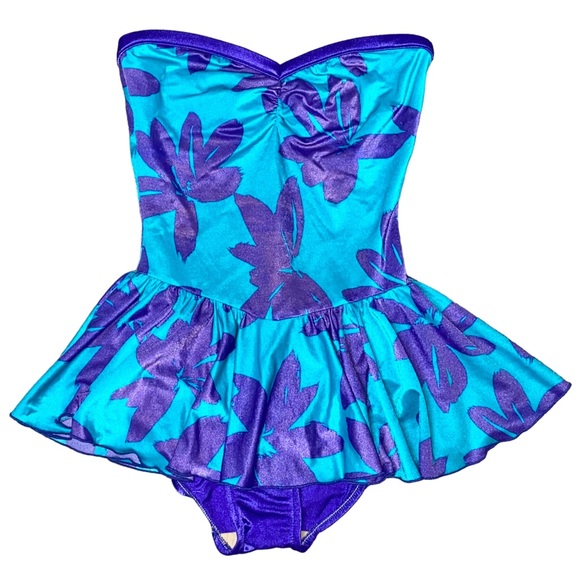 M/L VTG 80’s Sandcastle Floral Strapless Ruffle Waist Skirted One Piece Swimsuit - Picture 1 of 9